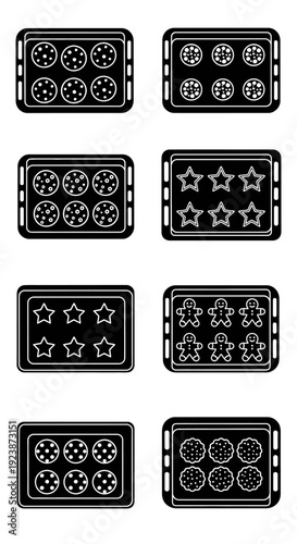 Collection of Baking Trays with Various Cookies and Dough Shapes