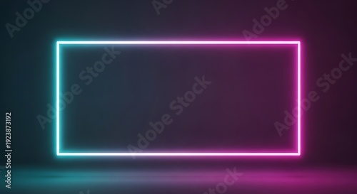 Glowing neon rectangle with vibrant cyan and magenta outlines on a dark background