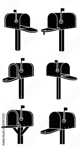 Collection of Black Mailbox Silhouettes on White Background