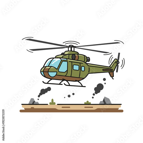 Military helicopter hovering over battlefield with smoke and debris. Concept of armed conflict air support and war zone tension