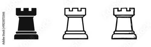 Chess rook piece icon set. Tower game figure symbol in solid, outline, and doodle styles vector illustration.