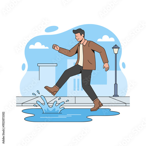 Man stepping over puddle on city street sidewalk after rain. Concept of everyday urban life movement and avoiding obstacles in routine atmosphere