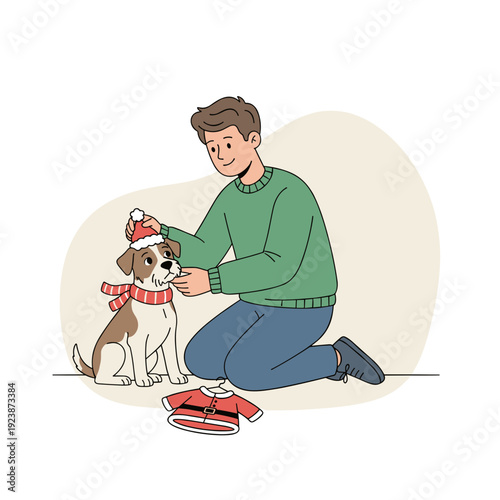Young man dressing dog in festive holiday costume indoors. Concept of pet care seasonal celebration and joyful companionship