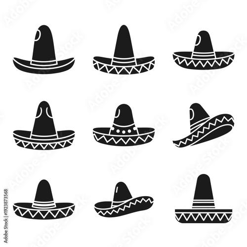 Collection of Black Sombrero Icons: Mexican Hats for Fiesta and Celebration