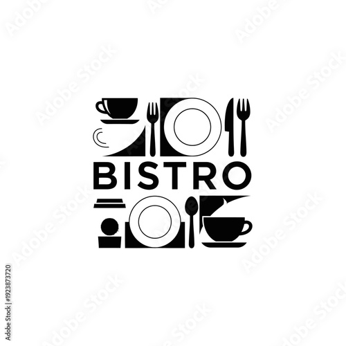Bistro Logo Design with Cutlery and Cups.