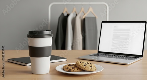 A cozy workspace setup featuring a laptop, coffee, and a snack.