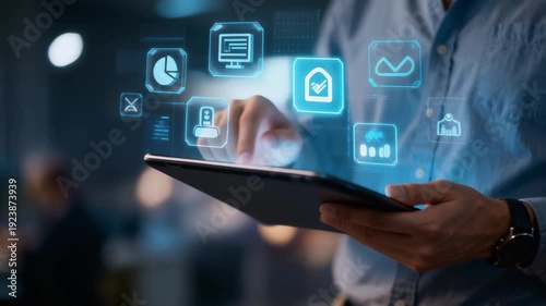 Wallpaper Mural A person scrolls on a holographic tablet with 3D icons gently floating around. Semi-realistic, futuristic scene blending interactive technology, immersive visualization, and sleek design.
 Torontodigital.ca