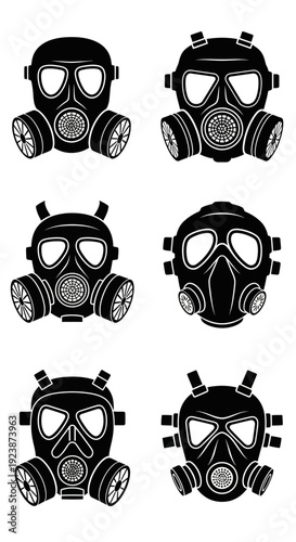 Collection of Six Black Gas Mask Silhouettes on White Background