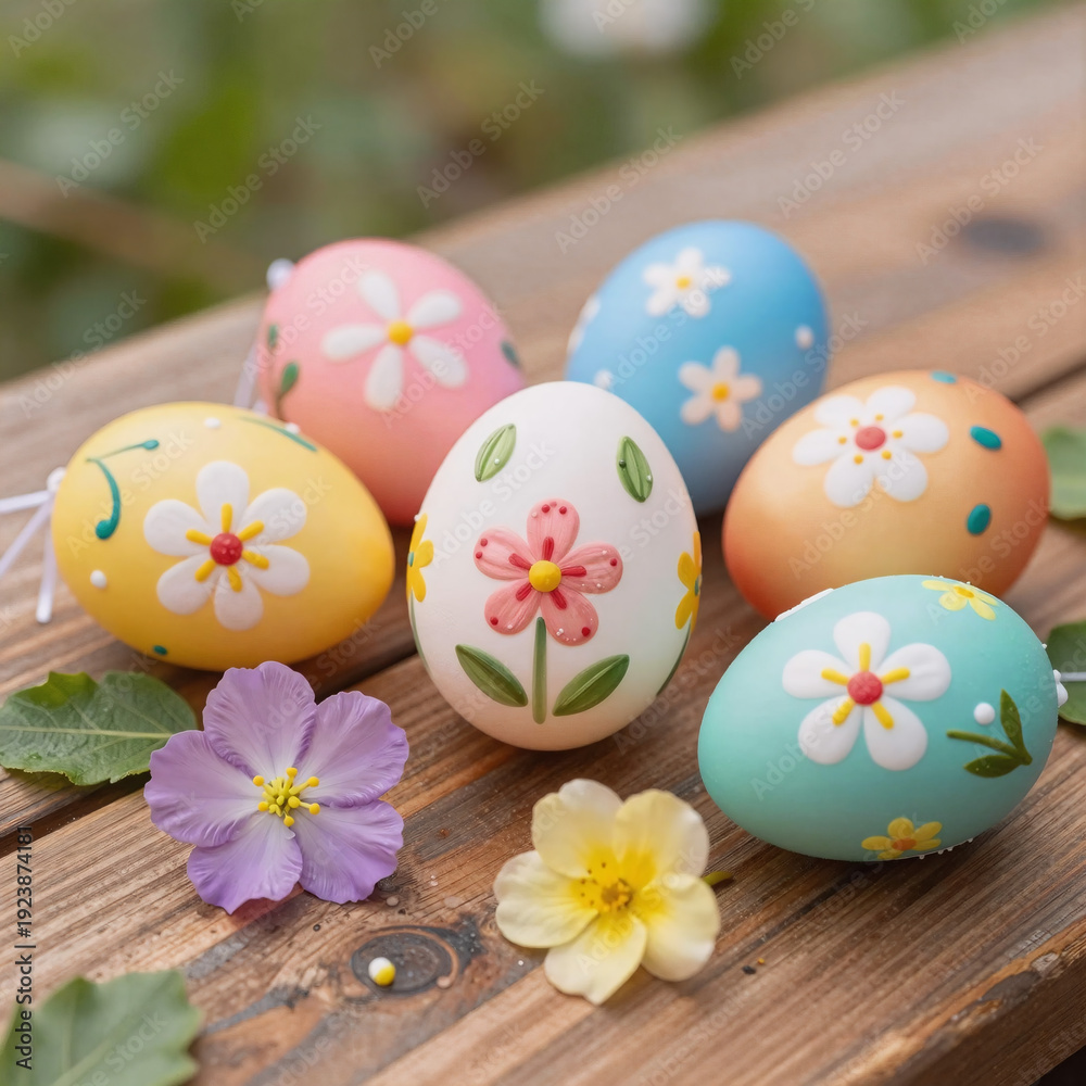 Fototapeta premium realistic, vibrant easter eggs with floral patterns on a wooden surface outdoors