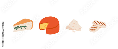 Cartoon cheese types. Italian swiss or goat cheeses type, cheddar mozzarella brie gouda parmesan french curd milk dairy food slices breakfast snack, set neat vector illustration original artwork
