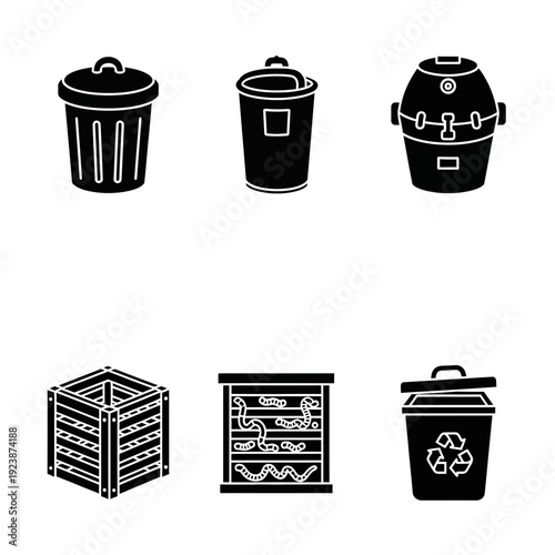 Collection of Trash Cans and Compost Bins Icons: Recycling, Waste Management, and Organic Decomposition