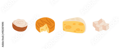 Cartoon cheese types. Italian swiss or goat cheeses type, cheddar mozzarella brie gouda parmesan french curd milk dairy food slices breakfast snack, set neat vector illustration original artwork