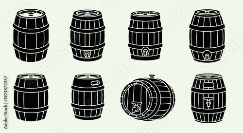 Collection of Wooden Barrels Icons, Vintage Style, Vector Illustration