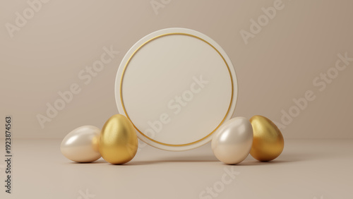 Easter eggs podium for product presentation, happy easter day concept, minimal scene with pedestal and egg, Easter day with geometry platform for product, showcase on pedestal display, 3d rendering