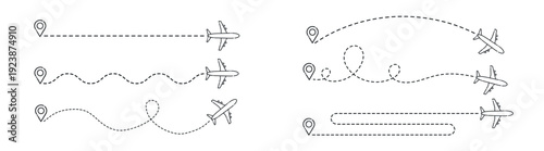 Airplane flight route set, dashed path navigation lines with location pins, minimal outline travel vector icons isolated on transparent background