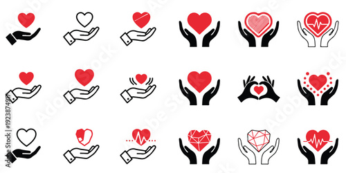 A collection of pixelated red hearts held in black hands or palms depicting care and affection
