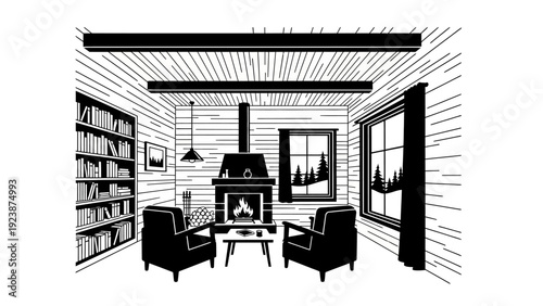 Cozy Log Cabin Interior with Fireplace and Bookshelf