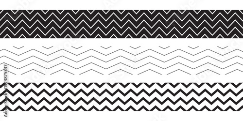 Set of horizontal borders with zigzag pattern isolated on white background. Tapes or ribbons with jagged lines print. Design elements with simple serrated ornament. Vector graphic illustration
