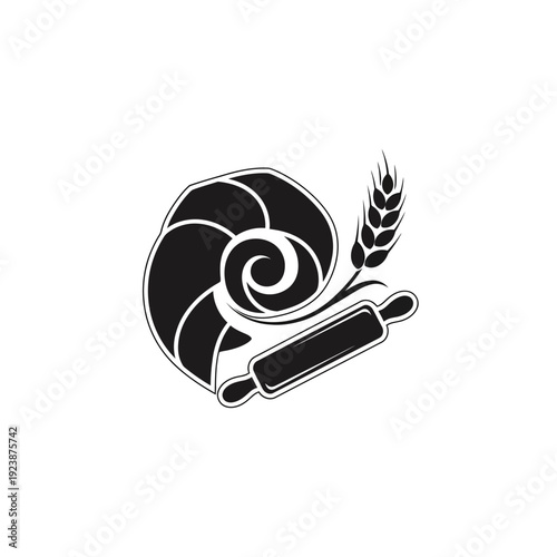Minimalist Bakery Logo with Croissant Wheat and Rolling Pin.