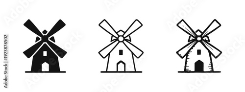 Windmill Icon Set - Solid, Outline, and Hand-Drawn Styles for Renewable Energy and Dutch Culture