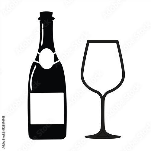 Vector icon of a wine bottle with a wine glass. Alcoholic beverage. Vector 10 Eps.