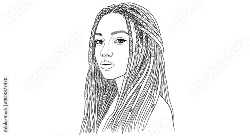 Black Woman Portrait Line Art Drawing - Dreadlocks Hairstyle