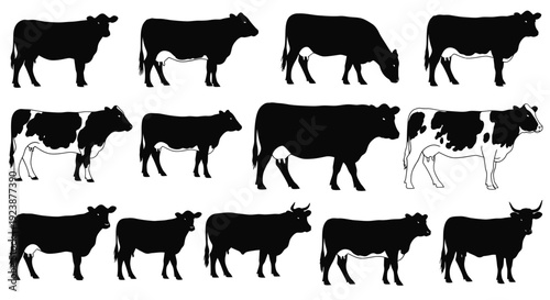 Collection of Cow Silhouettes - Different Breeds and Poses