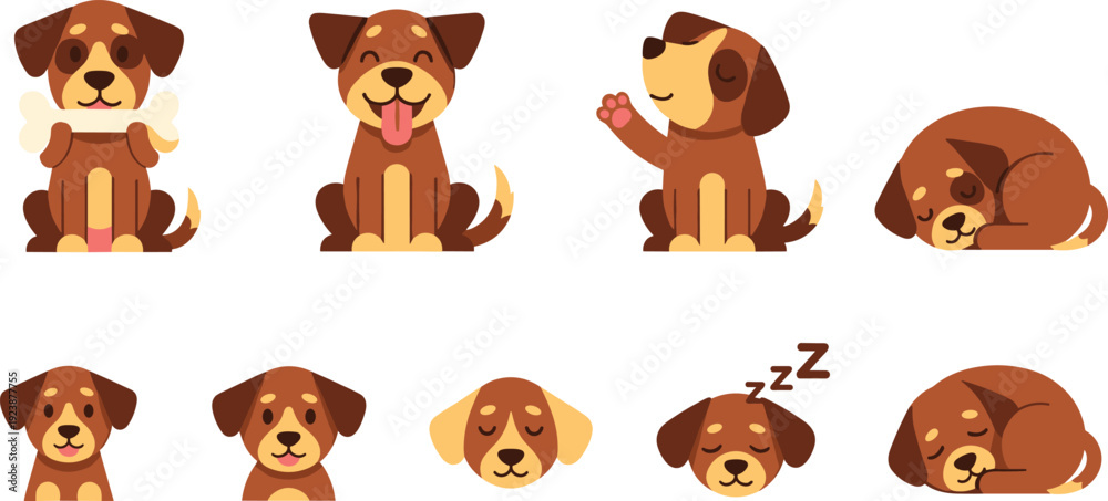 Fototapeta premium Cute Puppy Dog Cartoon Character Poses with Sitting Sleeping Waving and Bone Pet Flat Vector Illustration Set Isolated Police Stop
