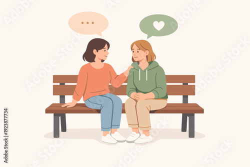 Two women friends talking on park bench, emotional support and friendship illustration
