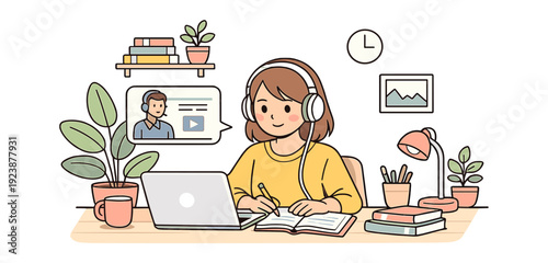 Student studying at desk with laptop and video lesson, online learning illustration