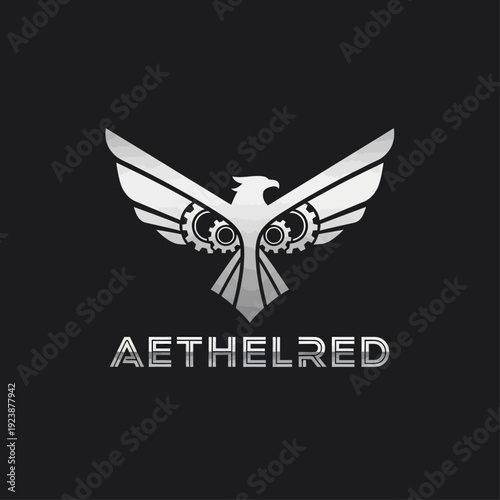 Aethelred logo design with eagle and gears on black background.