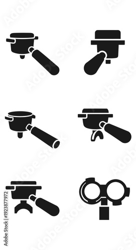 Espresso Machine Portafilter Icons Set, Coffee Maker Filter Holder Vector Graphics