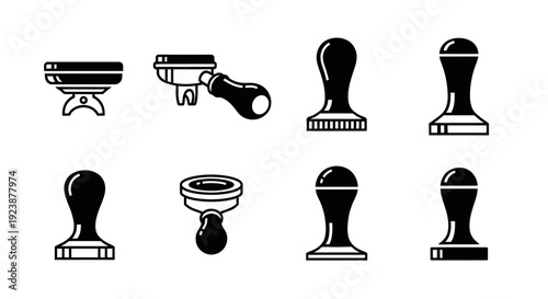 Espresso Tamper and Portafilter Icons Set: Coffee Making Tools Collection