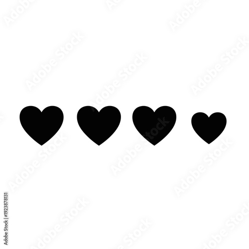 Four Black Hearts Lined Up, Varying Sizes, Simple Graphic Icon