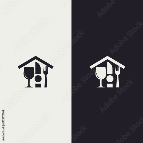 Minimalist House Logo with Cutlery and Wine Glass for Restaurant or Home Dining.