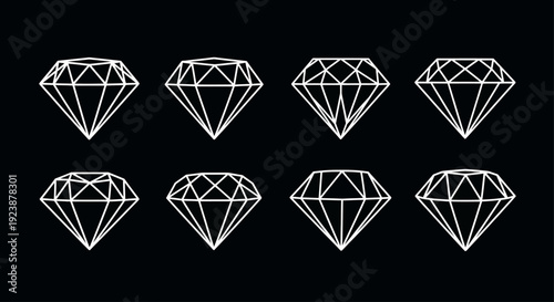 Geometric Diamond Icons Set, White Gemstone Outline Graphics on Black Background