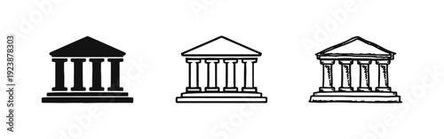 Temple building icon set. Ancient or classical architecture symbol with pillars in various artistic styles.