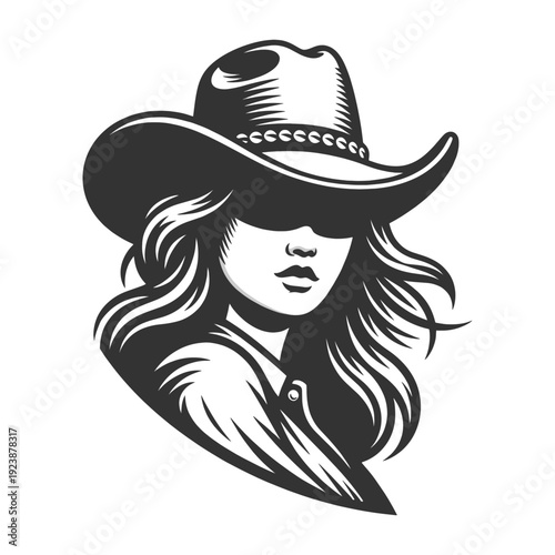 cowgirl with long flowing hair and cowboy hat covering eyes, modern western logo style sketch engraving generative ai fictional character vector illustration. Scratch board imitation. Black and white.