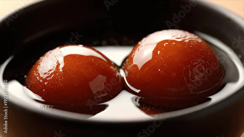 Close up of two sweet round brown syrup soaked gulab jamun dessert in a dark bowl with syrup dripping on one, warm