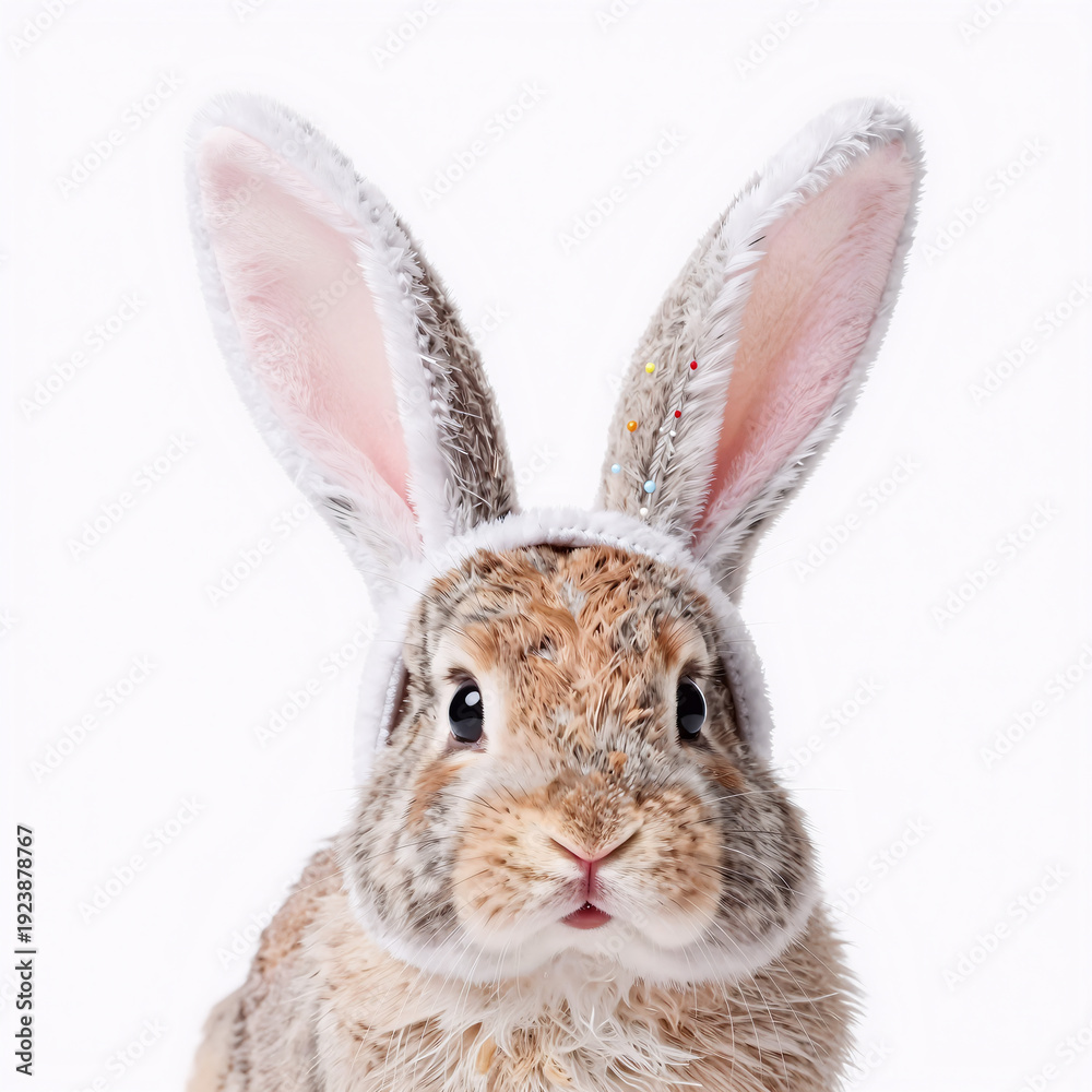 Obraz premium hyperrealistic, easter bunny headband design featuring white ears on a white background, intended for an adorable cartoon rabbit illustration