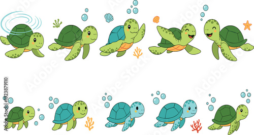 фотографія Cute Sea Turtle Cartoon Character Poses Collection with Swimming Diving and Unde