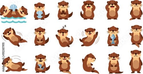 Cute Sea Otter Cartoon Character Collection with Swimming Playing Eating Fish and Sleeping Marine Animal Flat Vector Illustration Set Police Stop