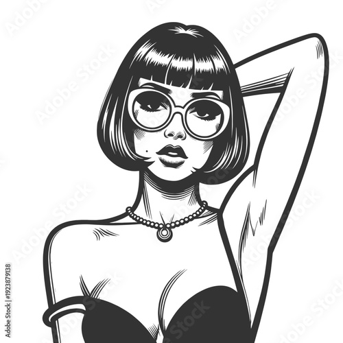 stylish woman with bob haircut and big round sunglasses, elegant pinup vibe, isolated on white sketch engraving generative ai fictional character vector illustration. Scratch board. Black and white.