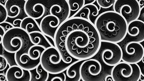 Intricate Black and White Quilling Paper Swirls and Floral Motifs