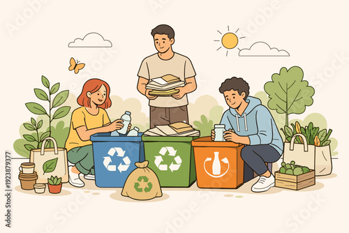 People sorting organic and recyclable waste into bins, sustainable living and recycling illustration