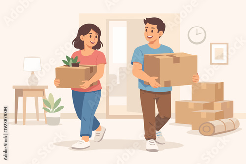 Young couple carrying moving boxes into new home, relocation and house move illustration