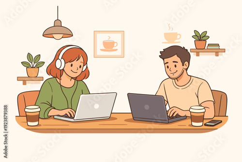 Freelancers working on laptops together in cozy cafe workspace, remote work collaboration illustration