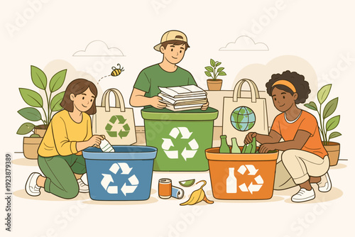 People sorting recyclable materials into recycling bins, eco sustainability and waste management illustration