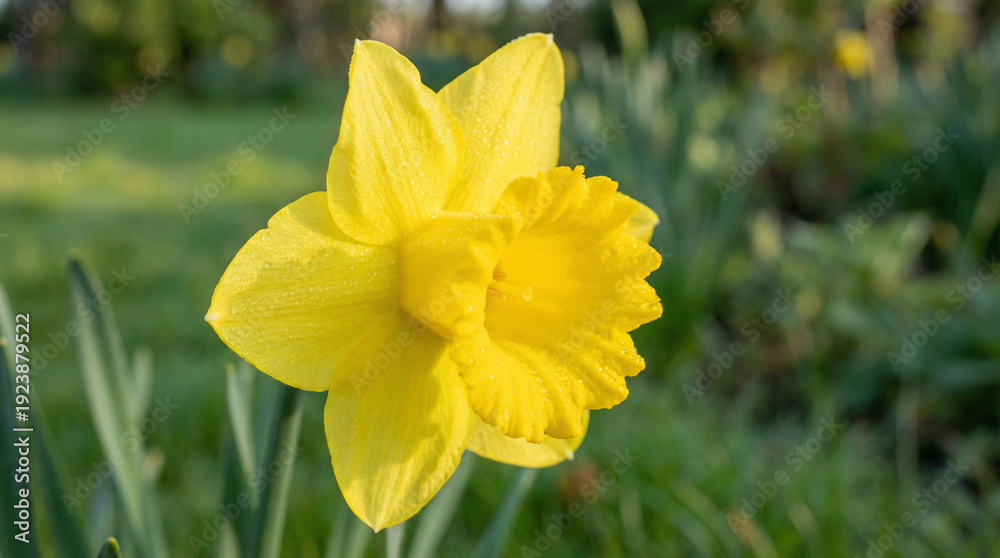Fototapeta premium Yellow daffodil flower blooming in a green garden during spring 