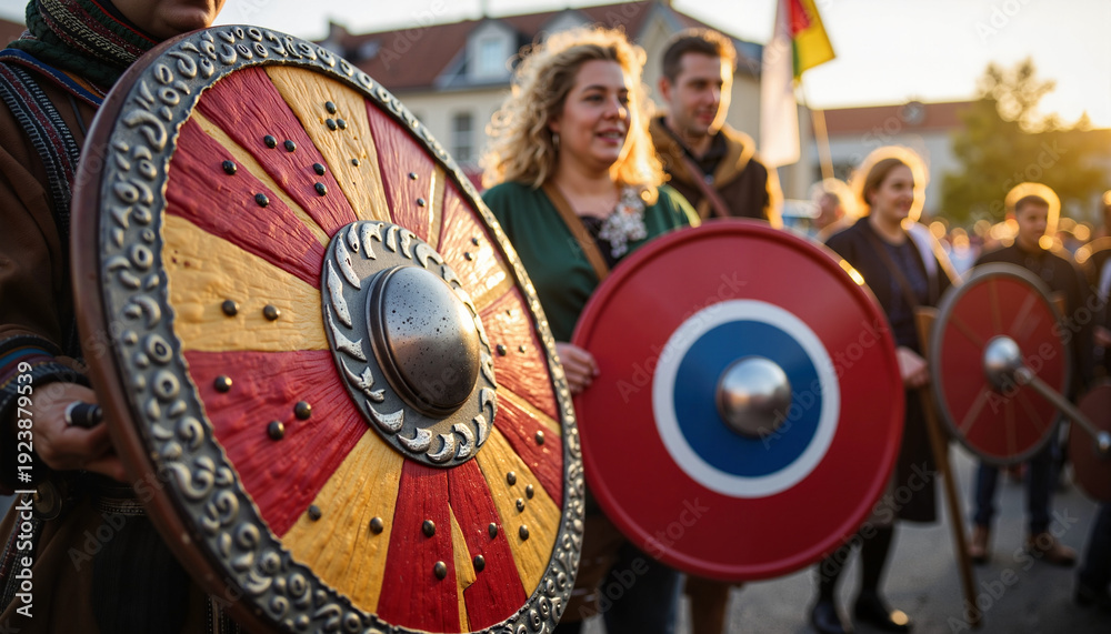 Naklejka premium Viking participants showcasing ornate shields during festive parade, Up Helly Aa